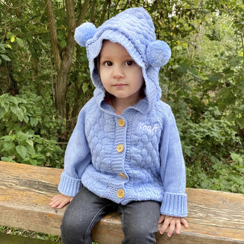Personalised Blue Knitted Bobble Hooded Cardigan, 2 of 9