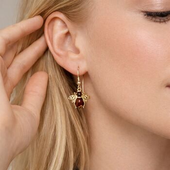 Gold Plated Sterling Silver Baltic Amber Bee Drop Earrings – 15mm, 3 of 5