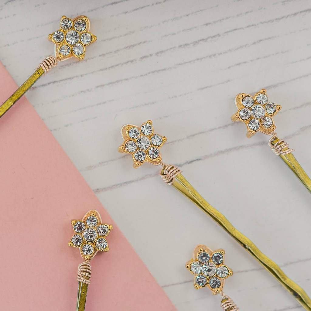 Set Of Five Gold Diamante Flower Hair Pins By Melissa Morgan
