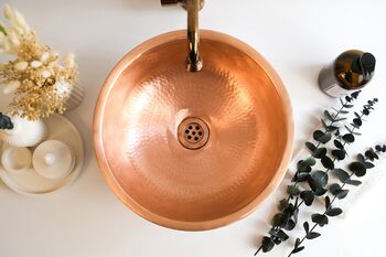 Engraved Matte Copper Vessel Sink With Drain Cap, 400 Mm Diameter, 5 of 8