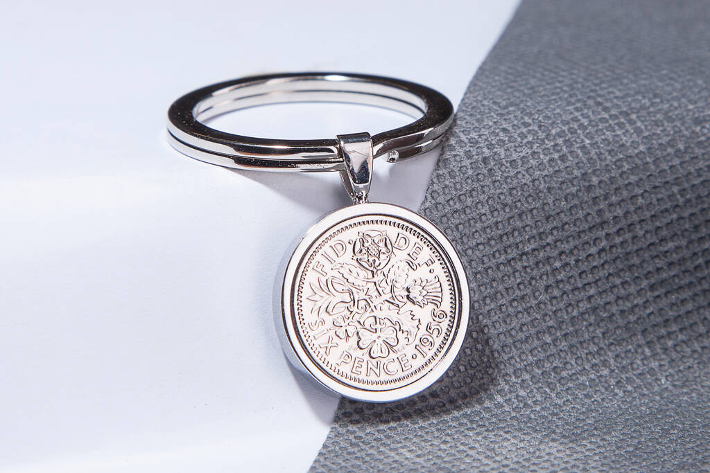 1956 70th Birthday Sixpence Coin Keyring Gift, 1 of 6