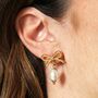 Stainless Steel Bow Pearl Drop Earrings In Gold, thumbnail 3 of 5