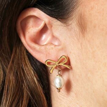 Stainless Steel Bow Pearl Drop Earrings In Gold, 3 of 5
