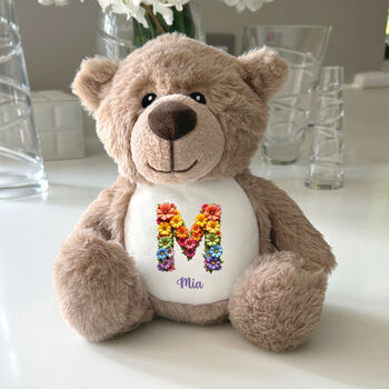 Personalised Flower Alphabet Brown New Baby Teddy Bear, 2 of 5
