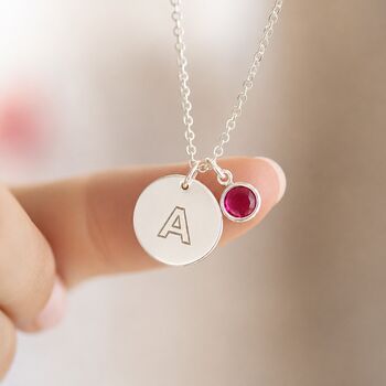 Silver Plated Modern Initial Birthstone Disc Necklace, 3 of 7