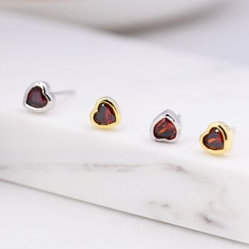 Tiny Garnet Red Cz Heart Stud Earrings, 7 of 12