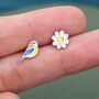 Sterling Silver Blue Tit Bird And Flower Stud Earrings, thumbnail 2 of 7