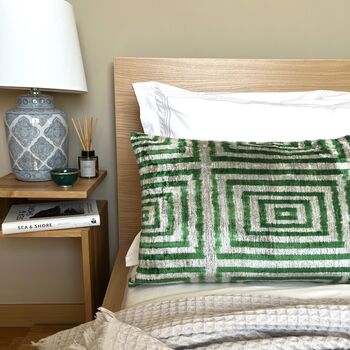 Oblong Velvet Ikat Cushion Green Maze, 4 of 8