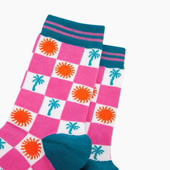 Palm Tree Sun Checkerboard Bamboo Socks In Pink, 2 of 4