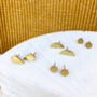 Tiny Minimal Brass Shape Gold Stud Earrings, thumbnail 1 of 5