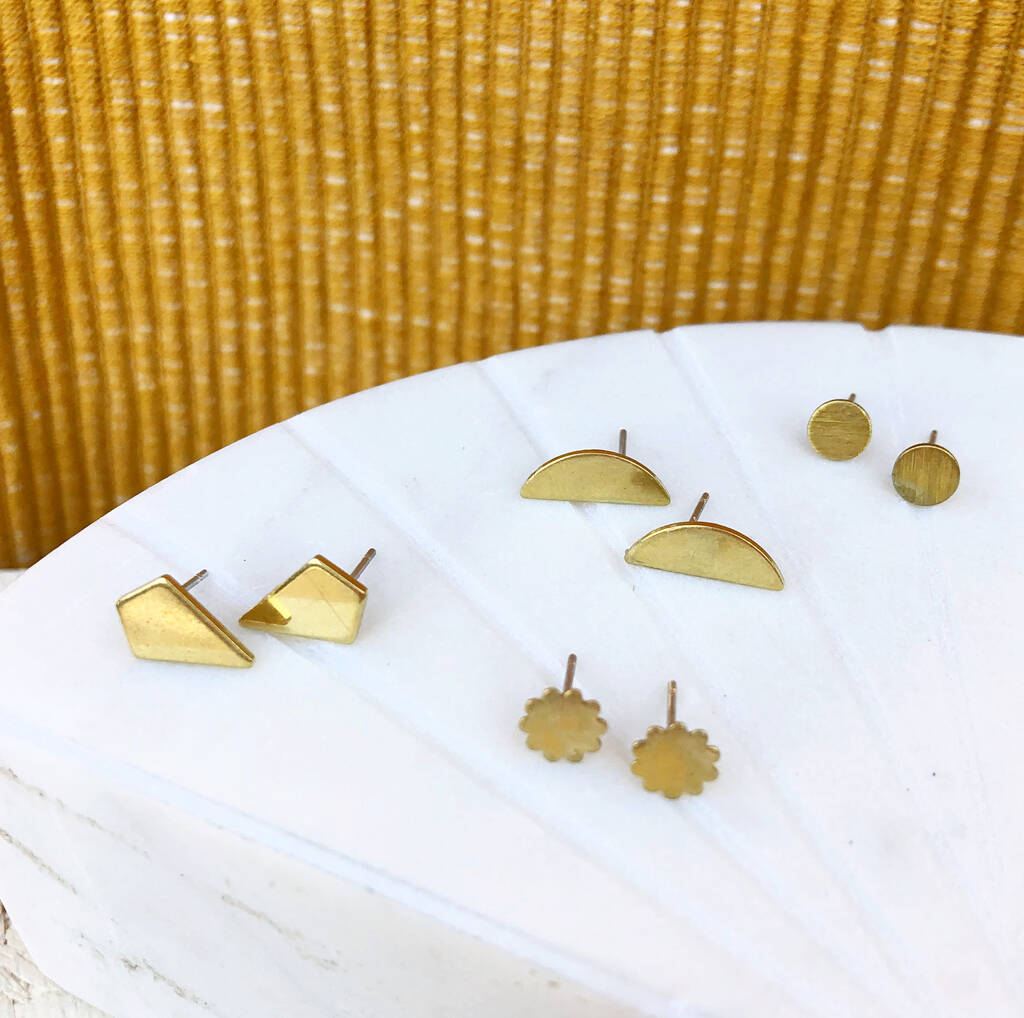 Tiny Minimal Brass Shape Gold Stud Earrings, 1 of 5