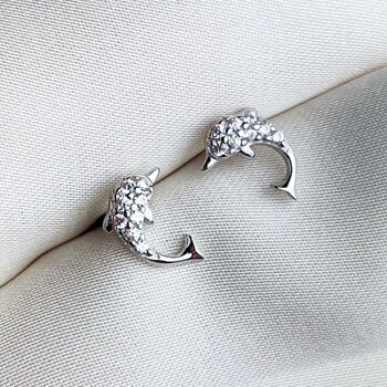 Sterling Silver Crystal Dolphin Stud Earrings, 4 of 5