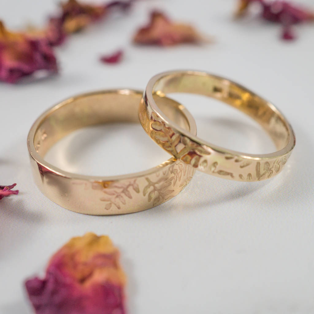 Botanical Wedding Bands In 9ct Yellow Recycled Gold, 1 of 6