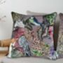 Wild Captivity Birds And Bird Cages Cushion With Flowers In Luxury Velvet On Dusty Pink, thumbnail 4 of 10