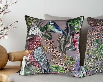 Wild Captivity Birds And Bird Cages Cushion With Flowers In Luxury Velvet On Dusty Pink, 4 of 10