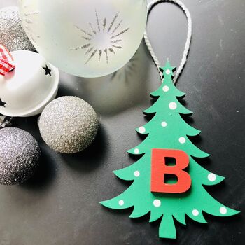 Personalised Green Xmas Tree Alphabet Decoration Tag, 6 of 6