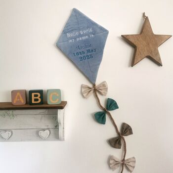 Hello World My Name Is, Hanging Fabric Kite, Pastel Blue Velour Fabric Wall Decor With Four Fabric Bows, Baby Shower Gift, Birth Announcement, 2 of 9