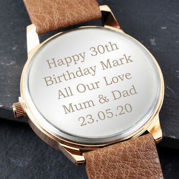 Personalised Men's Rose Gold Tone Watch Brown Strap, 3 of 5