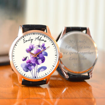 Personalised Wrist Watch With Floral Violet Design, 2 of 3