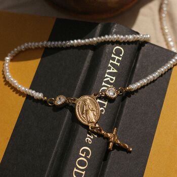 Handmade Freshwater Pearl Rosary Choker With Rose Cross Charm, 7 of 10