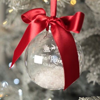Round Glass Santa's Sleigh Snow Filled Family Christmas Tree Bauble, 2 of 7