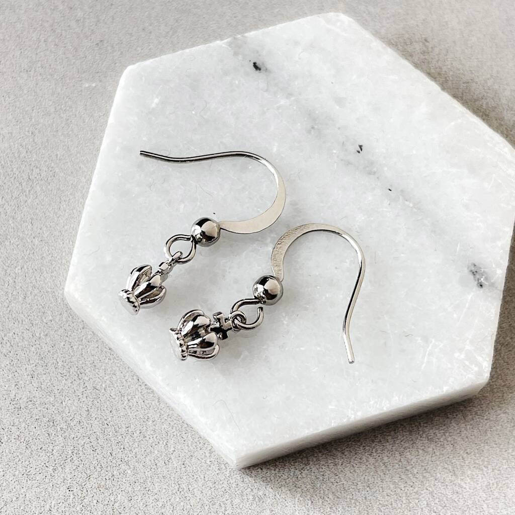 Tiny Crown Earrings Rhodium Plated Hook Earrings Gift, 1 of 5