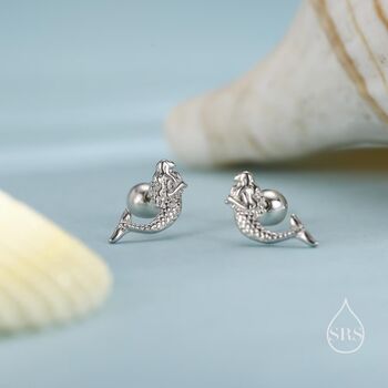 Sterling Silver Tiny Mermaid Screw Back Earrings, 2 of 11