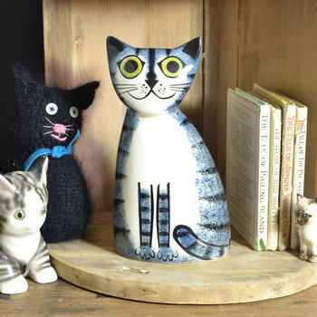 Handmade Ceramic Tabby Grey Cat Money Bank, 2 of 3