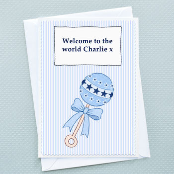 'Baby Boy Rattle' Personalised Baby Card, 2 of 3