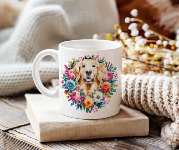 Personalised Golden Retriever Summer Floral Dog Wreath Cushion And Mug Gift Bundle, 2 of 4