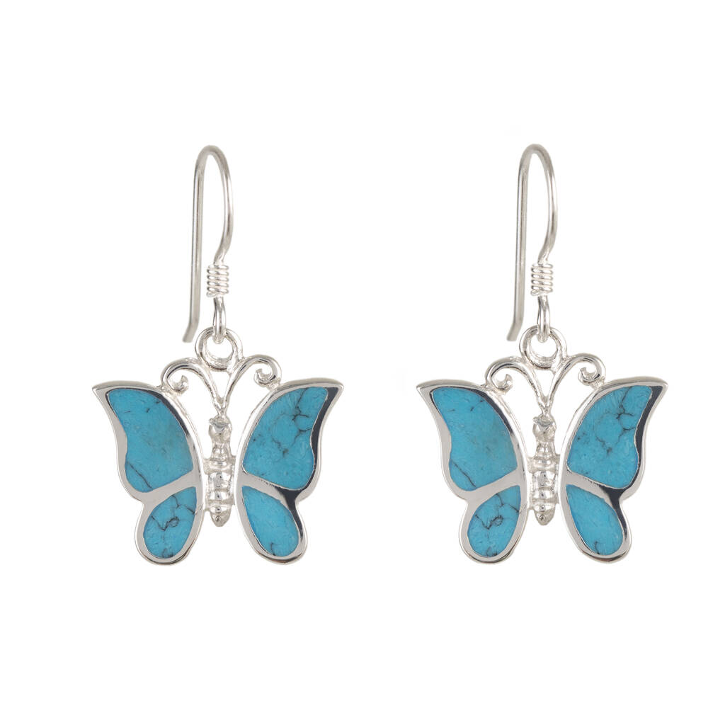 Butterfly Turquoise Silver Drop Earrings By Charlotte's Web Jewellery