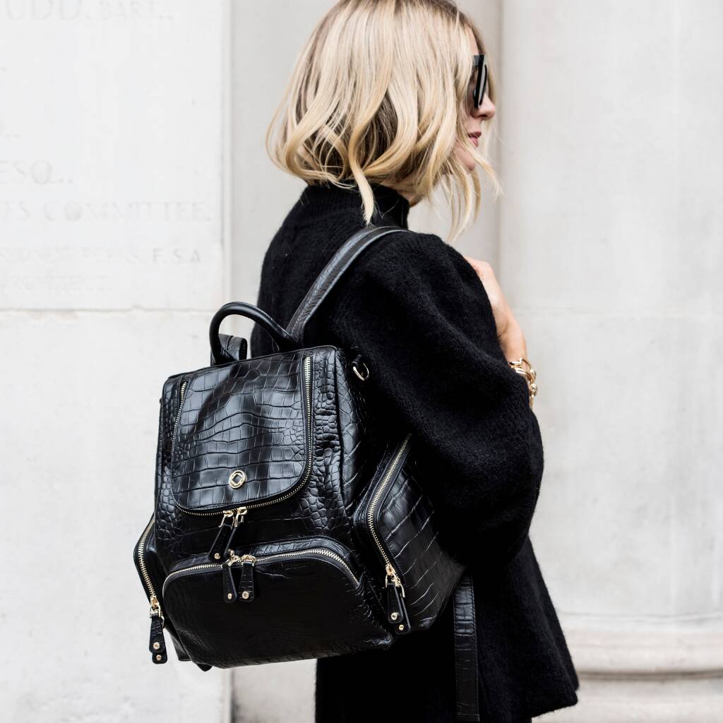 Amber Midi Embossed Black Leather Backpack, 1 of 10