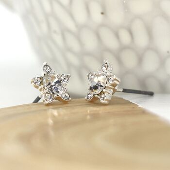 Silver Plated Star Flower Crystal Stud Earrings, 2 of 3