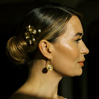 Mini Gold Sunburst And Pearl Hoop Bridal Earrings, 2 of 4