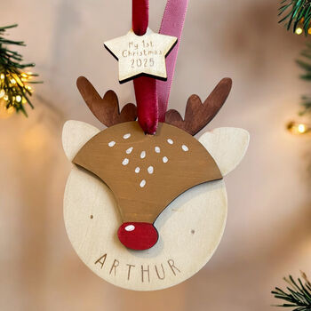 Hand Painted Personalised Wooden Fox Christmas Decoration – My First Christmas Bauble, 6 of 8