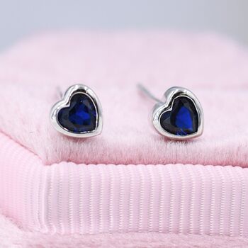 Tiny Sapphire Blue Cz Heart Stud Earrings, 3 of 11