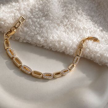 14 K Gold Oval Link Bracelet With Pave Zirconia Detail,Box Clasp Bracelet Jewellery Gift For Her, 2 of 4