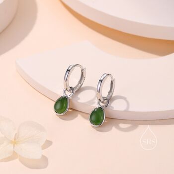 Sterling Silver Dangling Jade Droplet Hoop Earrings, 2 of 10