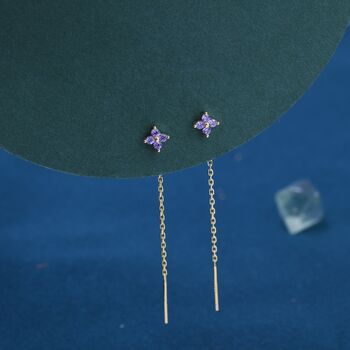 Sterling Silver Purple Hydrangea Flower Cz Threader Earrings, 2 of 11