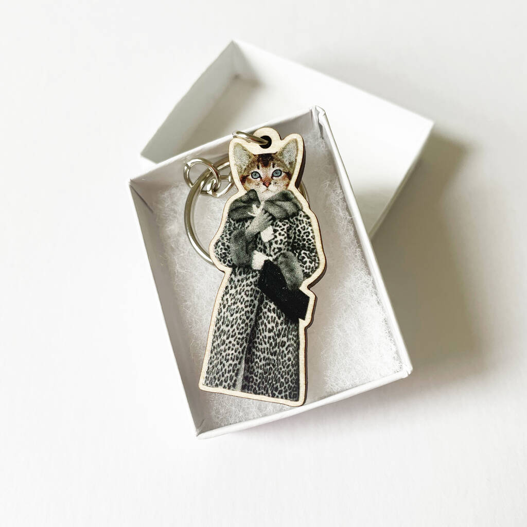 Wooden Cat Keyring By Cassia Beck Art