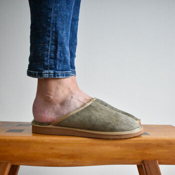 Men's Sheepskin Slip On Slippers Olive, 2 of 4