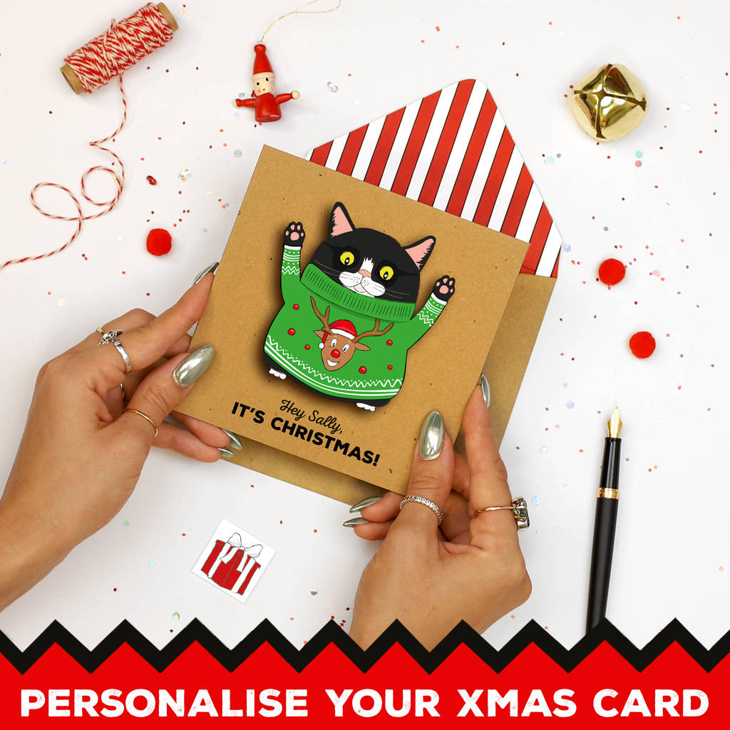 Handmade Christmas Jumper Cat Personalised Card Pack