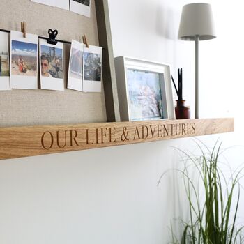 Solid Oak Floating Picture Ledge Shelf Made To Measure With Carved Text, 3 of 10