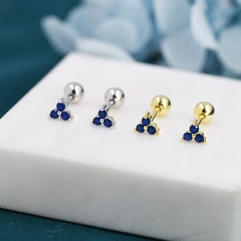 Tiny Three Sapphire Blue Cz Screw Back Earrings, 3 of 9