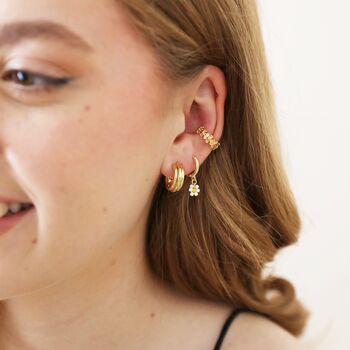Beaded Daisy Huggie Hoop Earrings In Gold Plating, 3 of 3