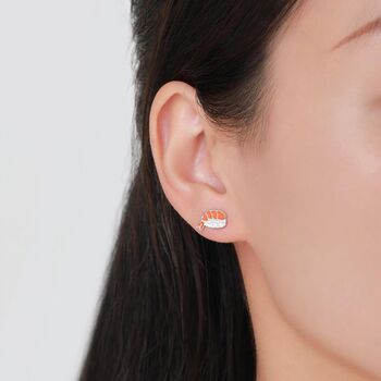 Mismatched Salmon And Prawn Sushi Stud Earrings In Sterling Silver, 5 of 12