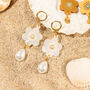 18 K Gold Plated Huggie Hoops With Teardrop Pearl, Flower, And Ivory Pearl Rhinestone Dangle Earrings, thumbnail 3 of 6