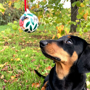 Archie The Sausage Dog Ceramic Christmas Bauble, 6 of 7