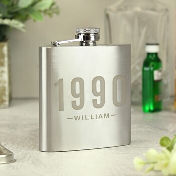 Personalised Date And Name Engraved Stainless Steel Hip Flask, 2 of 6