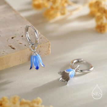 Sterling Silver Enamel Bluebell Flower Huggie Hoop Earrings, 5 of 10